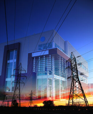 Office Building with Electric Pylons Photo Montage - RF Stock Photo